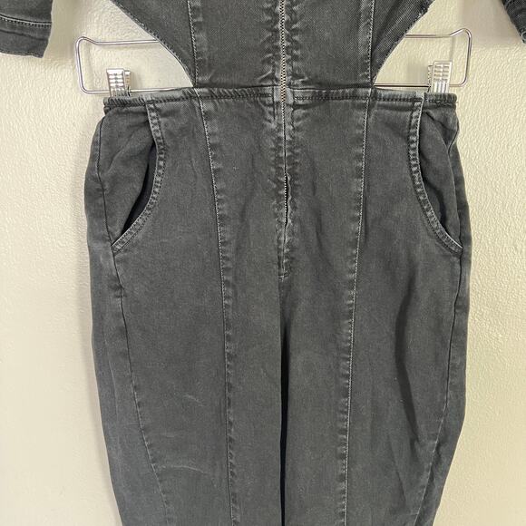 Retrofete Kiara Denim Jumpsuit Black Dark Cutouts V-Neck Puff Sleeves Women's S - Picture 6 of 14